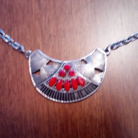 Silver Tone Pendant Necklace with Red Beads and Sto… - Picture 2 of 4